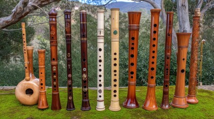 A collection of handcrafted woodwind instruments.
