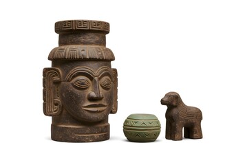 Stylized Ancient Cultural Artifacts Group Featuring Tribal Head Green Pot and Animal Figure