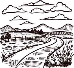Fototapeta premium Curving rural road with wooden fence, clouds, distant mountains, and wildflowers in vintage engraved illustration