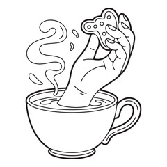 Hand dunking a cookie into a cup of tea line art drawing