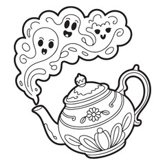 Outlined teapot with floral design and spooky ghost steam