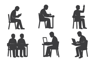 Students engaged in diverse activities: A collection of silhouette illustrations depicting students engaged in a variety of educational activities, from reading to laptop use.