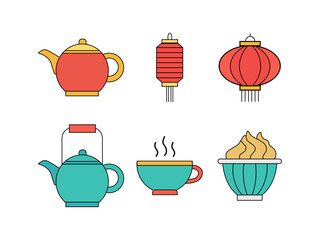 A collection of six vibrant vector icons: a teapot, a Chinese lantern, a teacup, and a bowl of dessert. Perfect for Asian culture, tea ceremonies, festivals, food, and beverage themes.
