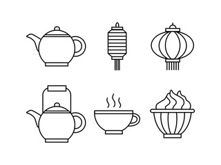 A set of six outline vector icons related to Asian tea culture and festivals. Ideal for cultural events, tea houses, or decorative designs.