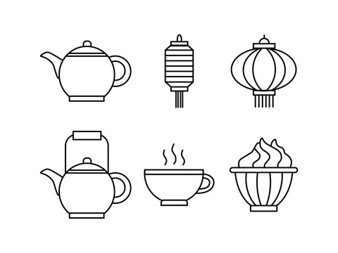 A set of six outline vector icons related to Asian tea culture and festivals. Ideal for cultural events, tea houses, or decorative designs.