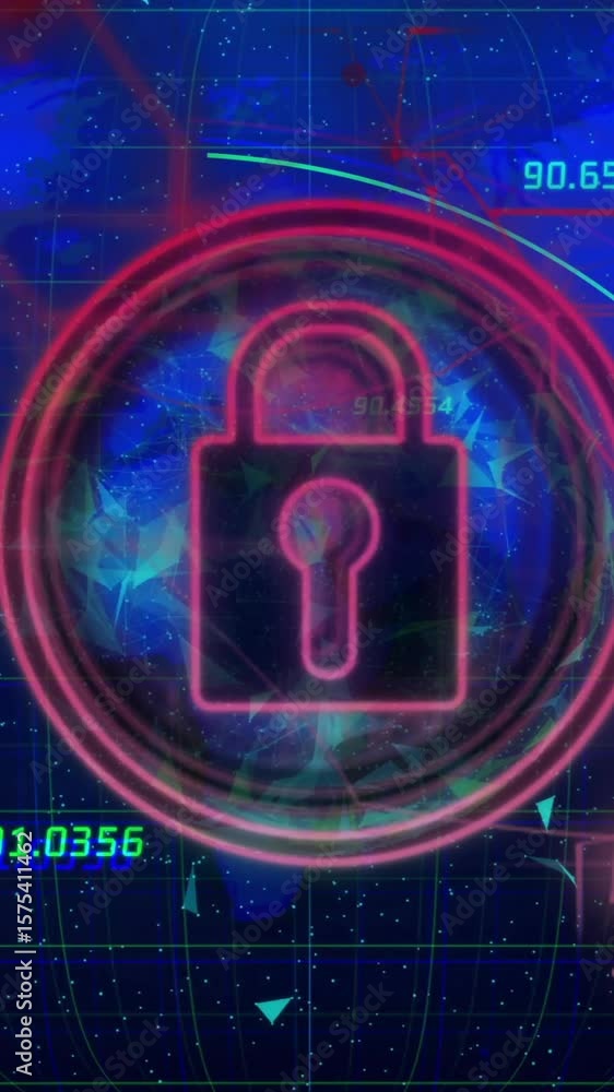Poster animation of digital lock icon with global map, numerical data, and network lines