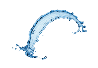 A dynamic, crystal-clear, vivid blue water splash, perfectly frozen in an elegant curved arc with glistening droplets and fine spray, isolated against a pristine transparent high-key studio background