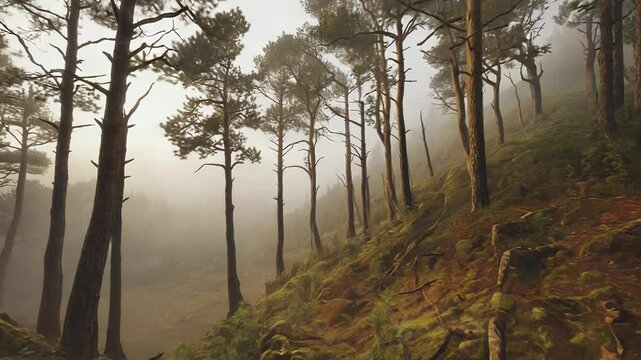 Fog arising in a magical forest with pine trees and moss