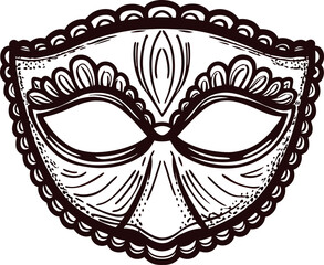 Decorative venetian masquerade mask in black and white, hand drawn ornate vintage illustration