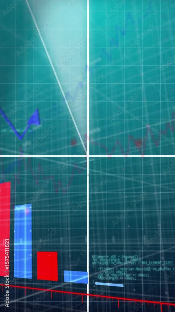 Aufkleber bar and line graphs with data processing animation on grid background