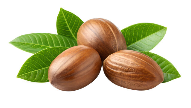 Three natural shea nuts with vibrant green leaves on a clean white background