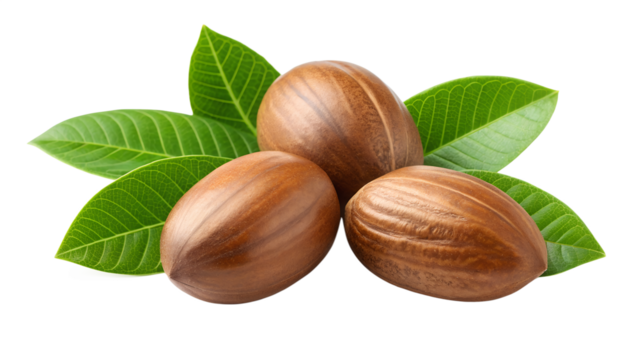 Three natural shea nuts with vibrant green leaves on a clean white background