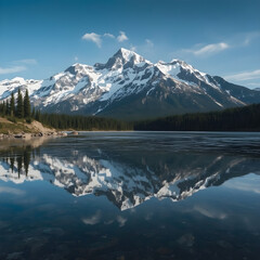 Alaska mountain range wilderness nature landscape snowy mountains wallpaper in realistic photography style, dramatic perspective with reflection in icy lake foreground