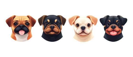 Pack Collection Cute Dog Breeds Pug Rottweiler Bulldog Portraits set against transparent background