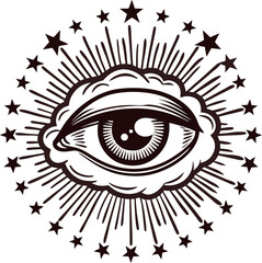 Mystical all seeing eye in cloud with radiating rays and stars vintage esoteric illustration in black and white