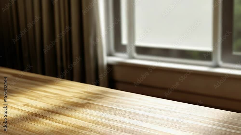 Poster sunlight illuminating empty wooden table surface near window
