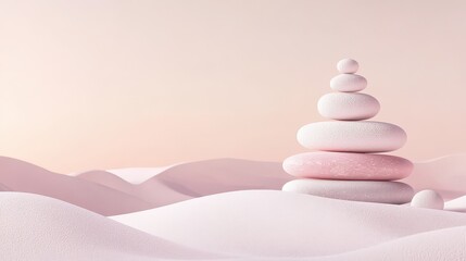 Balanced stones with in pink desert sunset calm scene.