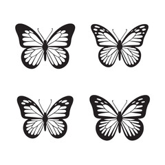 Four black and white monarch butterfly silhouettes arranged in a grid on a white background