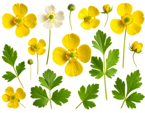 Flat Lay Set of Buttercup Elements Petals, Leaves, and Stems, isolated on a transparent background