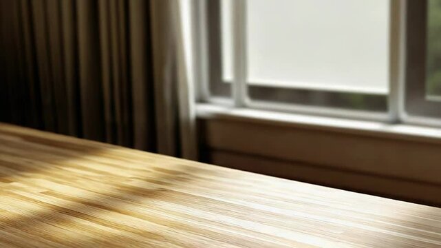 Sunlight illuminating empty wooden table surface near window