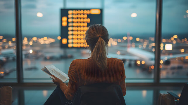 A young traveler woman seated in an airport lounge, checking her travel documents while - Powered by Adobe