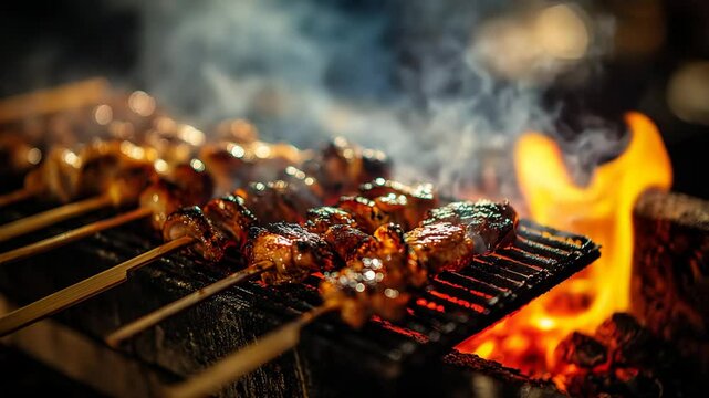Close up of sizzling yakitori skewers grilling over hot coals, emitting smoke. Warm lighting enhances the rich brown and orange tones of the meat and flames.