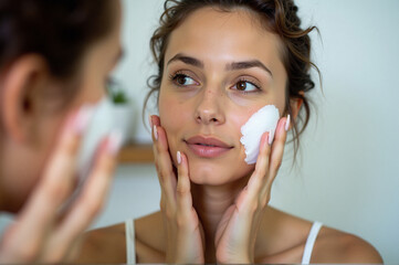 A woman doing skin care at her face in the mirror.