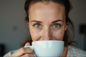 A woman holding a white cup in front of her face.