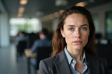 A woman in a business suit looking at the camera.