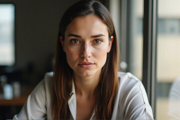 A woman sitting in front of a window looking at the camera.
