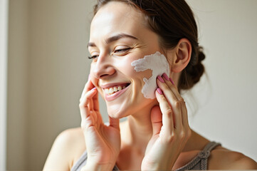 A woman is smiling as she gets a facial mask on.