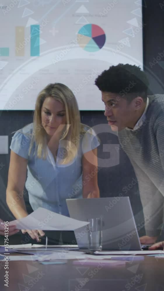 Aufkleber analyzing documents with data processing animation, business team in conference room