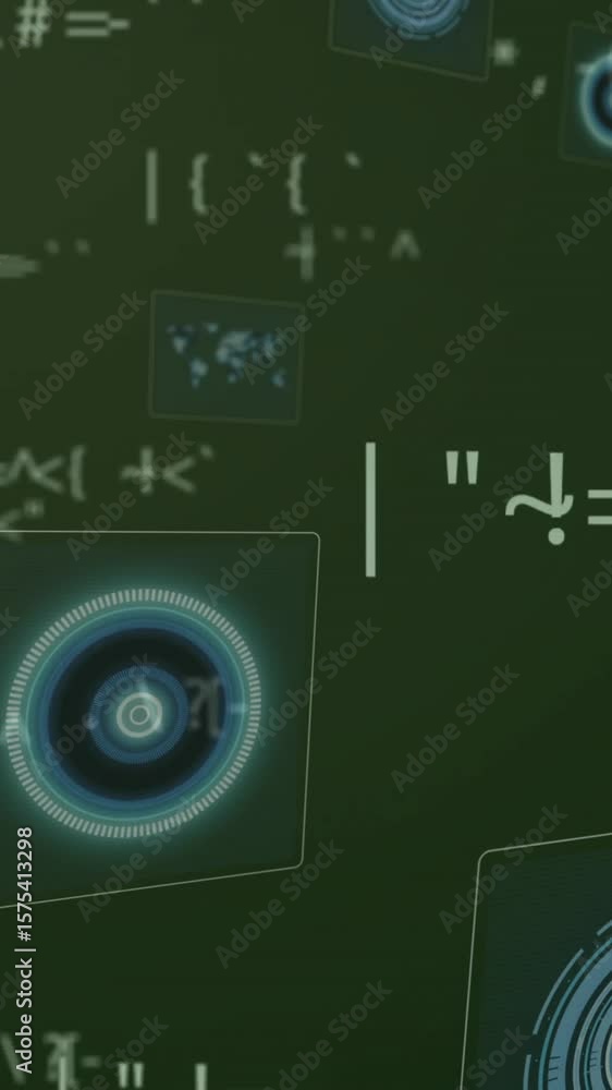 Poster animation of digital symbols and abstract patterns floating over green backdrop