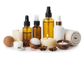 Relaxing Spa Products Amber Bottles and Aromatic Candles Still Life White Background