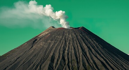 Smoke billows from the summit of a large volcanic mountain under a clear green sky creating a dramatic landscape