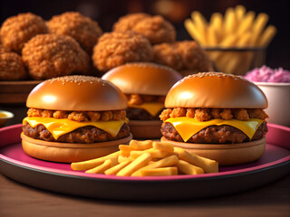 Delicious cheeseburgers with crispy french fries and fried chicken bites ai generated