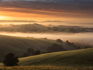 Obraz premium Misty valleys, rising sun, tranquil dawn.