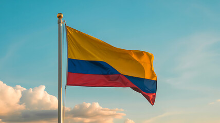 Colombian flag waving against a blue sky with clouds