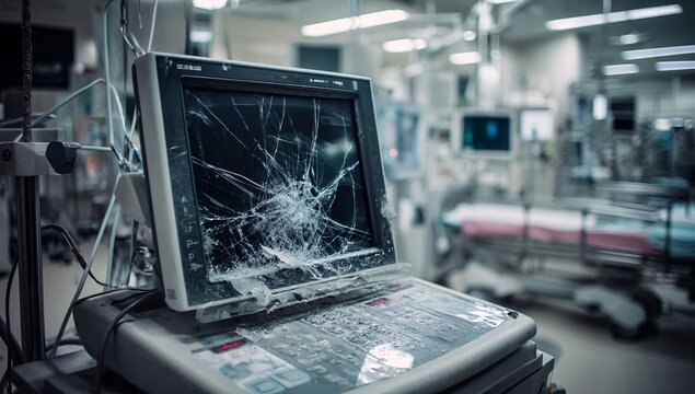 Medical device in a hospital with a cracked screen, showing the potential consequences of malfunction.