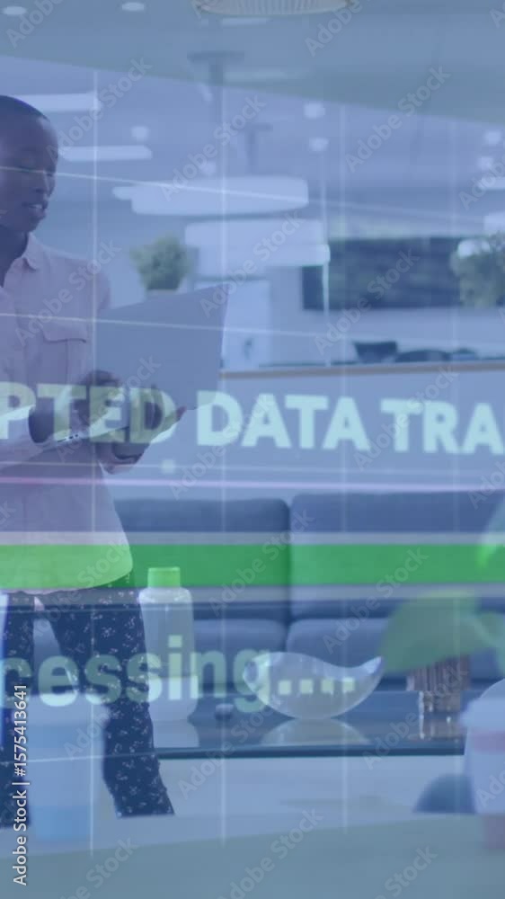 Poster encrypted data transfer animation over diverse team collaborating in modern office