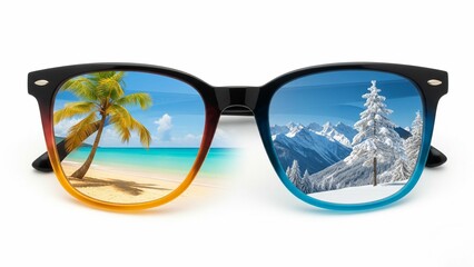 Sunglasses Reflecting Summer Beach and Winter Mountains