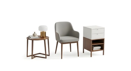 Stylish Modern Furniture Set with Armchair Side Table and Storage Cabinet Isolated on White Background
