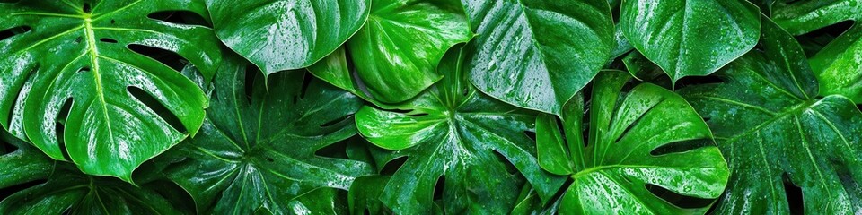 Close-Up Shows Large Green Leaves and Water Droplets with Jungle Theme