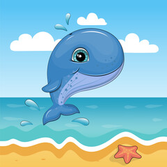 A Cute Cartoon Big Blue Whalein the sea. Beach Summer animal vector illustration with sea, sun, sand, starfish.