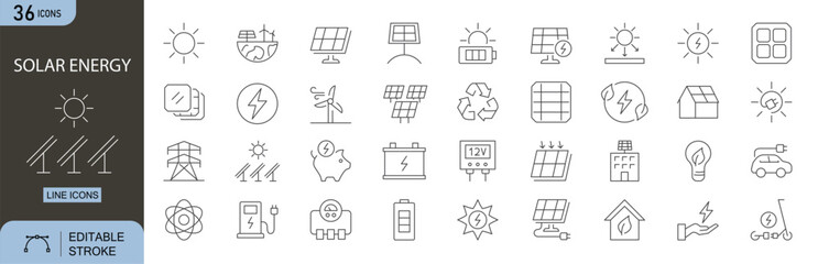 Solar Energy editable line icons set. Includes icons for solar panel, sun, renewable energy, electricity, battery, power generation, and eco-friendly system. Editable stroke. Perfect for infographics. © IconForge Studio