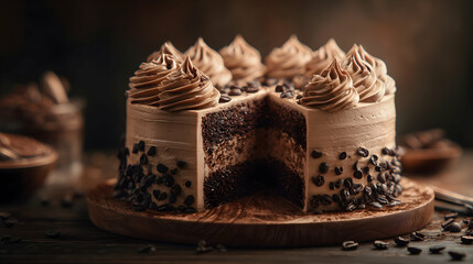 Coffee-infused chocolate layer cake decorated with whipped mocha cream and roasted coffee beans, sliced on wooden board in warm artisan bakery setting.
