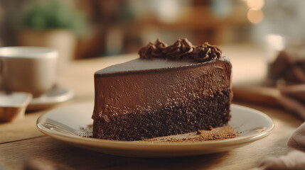 Creamy chocolate mousse cake slice on white plate in cozy coffee shop ambiance, soft matte texture and natural warm light, perfect for lifestyle dessert scenes.