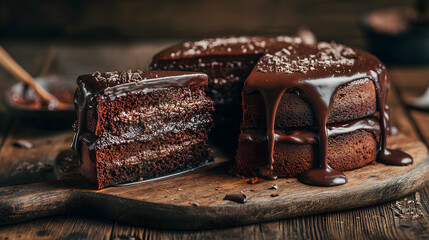 Rustic triple chocolate layer cake with glossy ganache dripping, one slice served on wooden board in cozy warm lighting. Gourmet dessert styled for editorial.