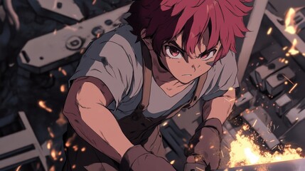 Animated character, working amidst metal debris.