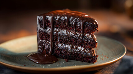 Decadent triple-layer chocolate cake slice with rich ganache dripping, served on ceramic plate in warm ambient light. Perfect gourmet dessert close-up.